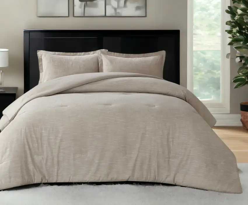 Beige Queen 100% Cotton 140 Thread Count Washable Down Comforter Set Photo 1
