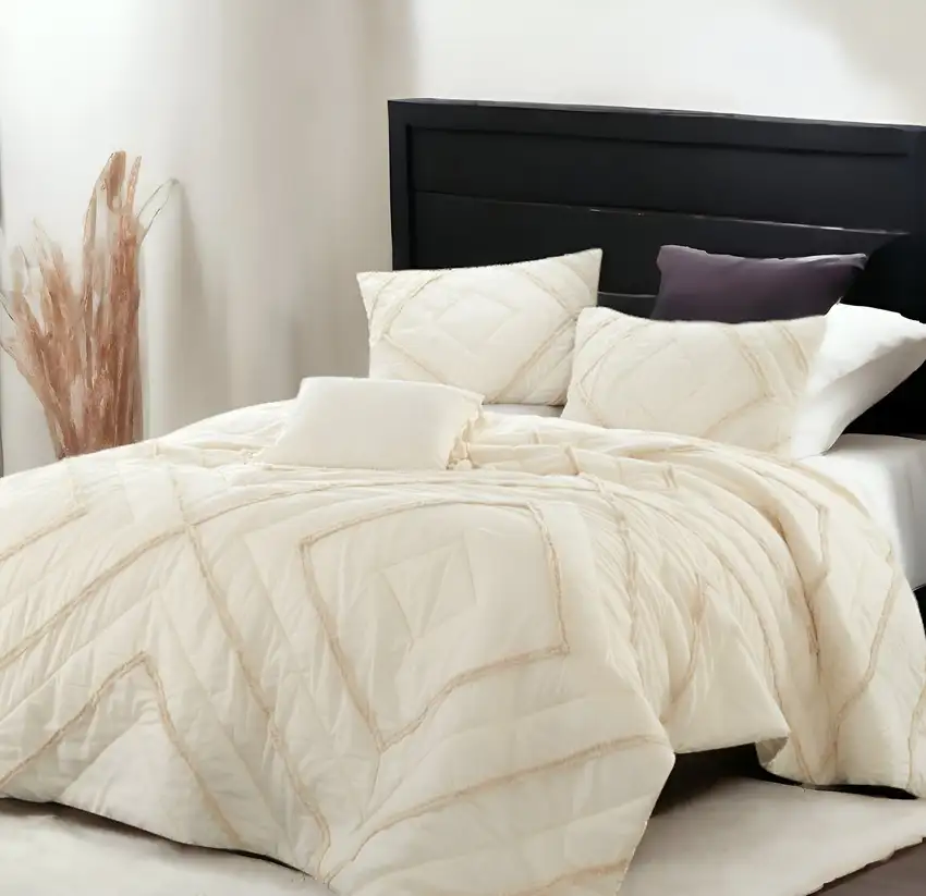 Beige Queen 100% Cotton 220 Thread Count Washable Down Comforter Set Photo 1