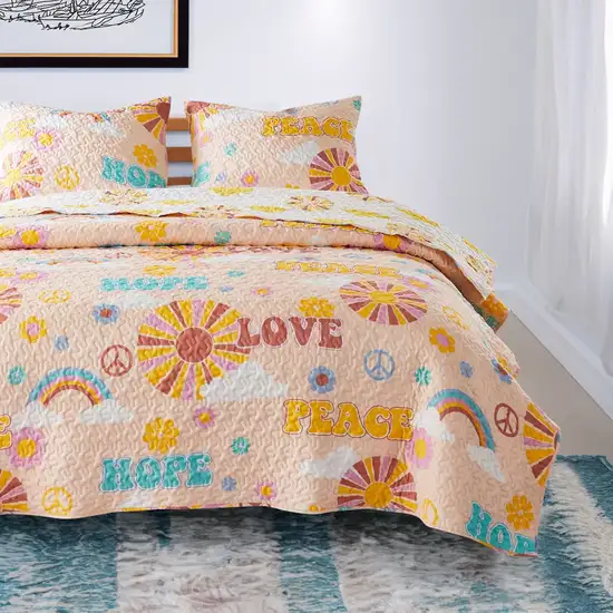 Berlin 2 Piece Microfiber Rainbows and Clouds Print Twin Quilt Set, Beige Photo 7