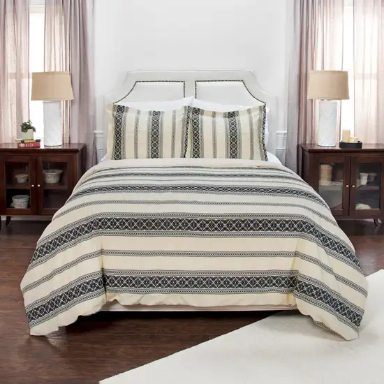 Black And Ivory Queen Cotton Washable Polyester Duvet Cover Set With Two Shams Photo 7