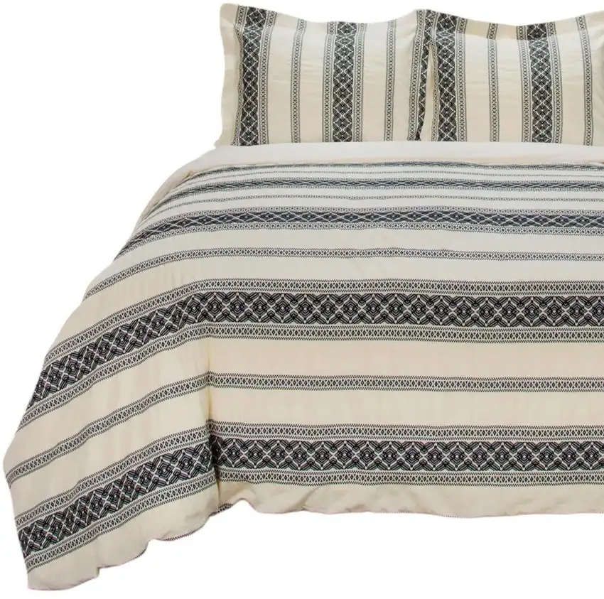 Black And Ivory Queen Cotton Washable Polyester Duvet Cover Set With Two Shams Photo 5