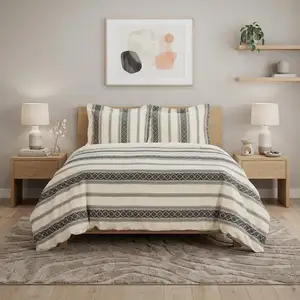 Photo of Black And Ivory Queen Cotton Washable Polyester Duvet Cover Set With Two Shams