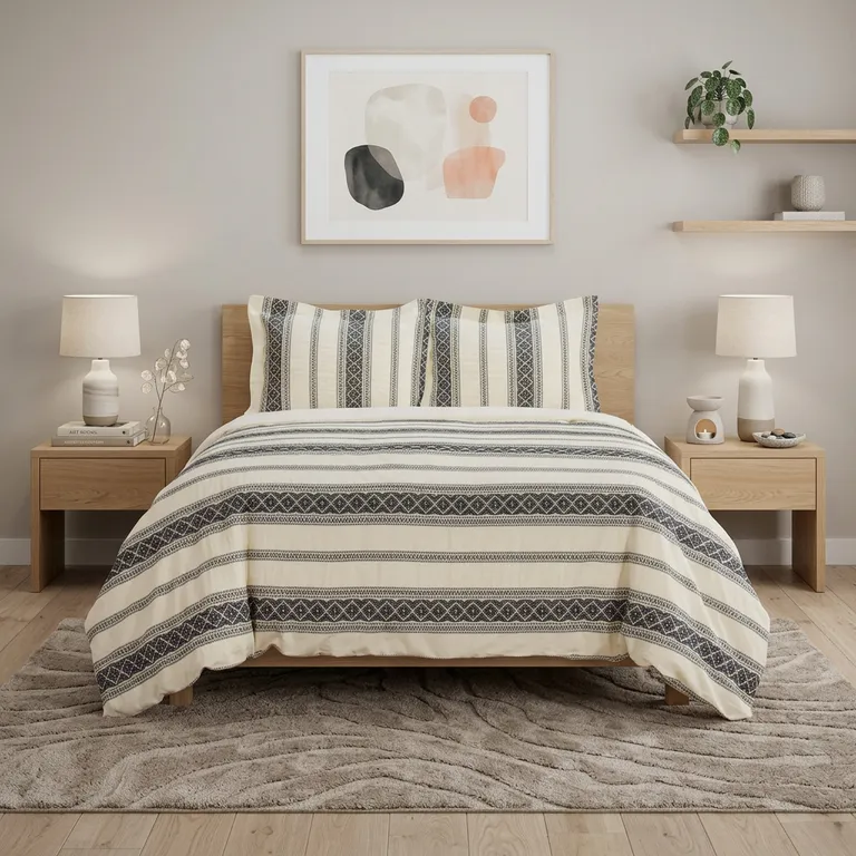 Black And Ivory Queen Cotton Washable Polyester Duvet Cover Set With Two Shams Photo 1