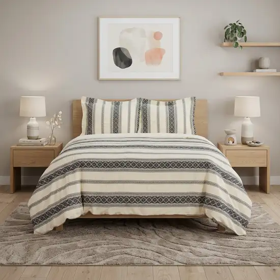 Black And Ivory Queen Cotton Washable Polyester Duvet Cover Set With Two Shams Photo 1