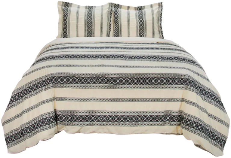 Black And Ivory Queen Cotton Washable Polyester Duvet Cover Set With Two Shams Photo 2