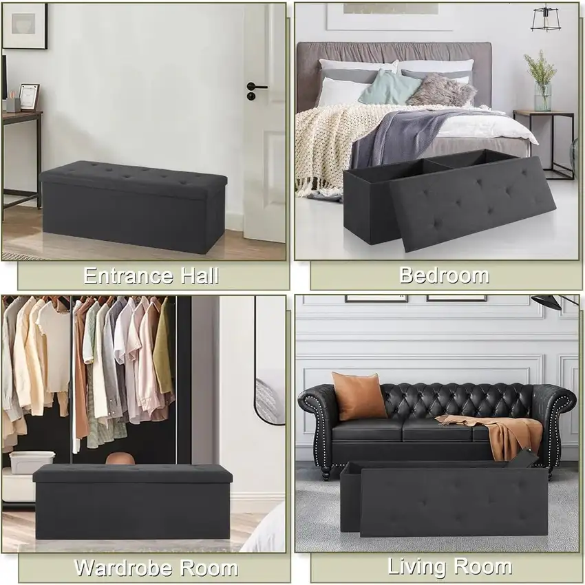 Black Linen Upholstered Bedroom Living Room Entryway Storage Bench Ottoman Photo 4