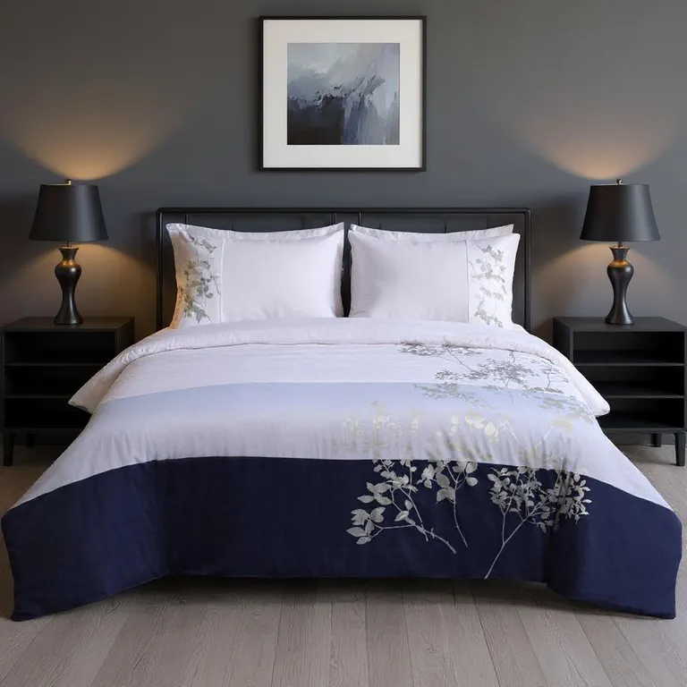 Blue And White Queen Cotton Washable Duvet Cover Set With Two Shams Photo 4