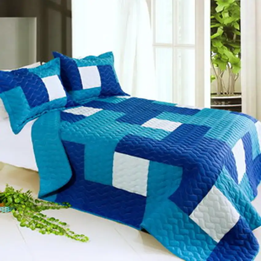 Blue Hour -  3PC Vermicelli-Quilted Patchwork Quilt Set (Full/Queen Size) Photo 2