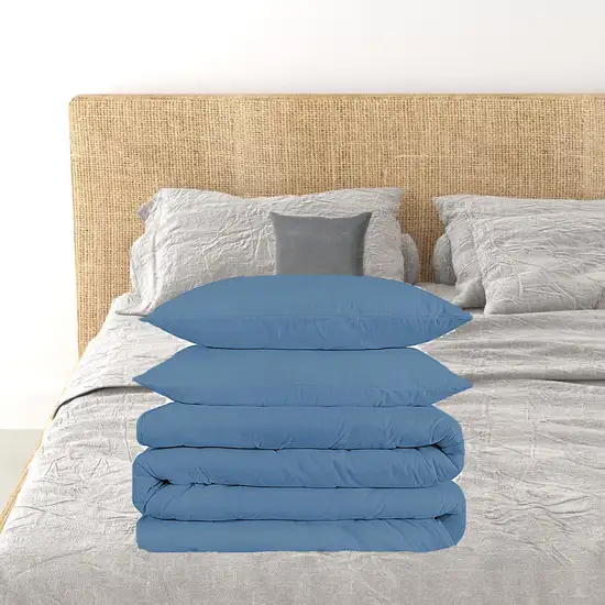 Blue King Cotton Blend Washable Duvet Cover Set With Two Shams Photo 1