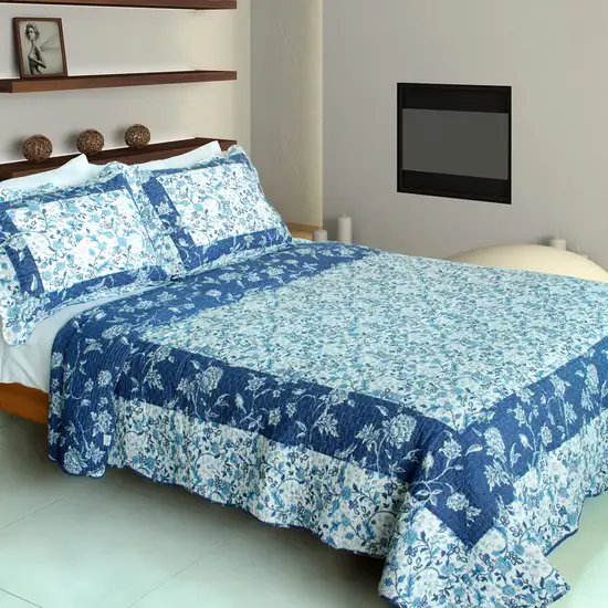 Blue River -  100% Cotton 3PC Vermicelli-Quilted Patchwork Quilt Set (Full/Queen Size) Photo 1