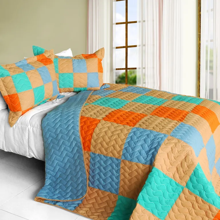 Blue World - 3PC Vermicelli-Quilted Patchwork Quilt Set (Full/Queen Size) Photo 1
