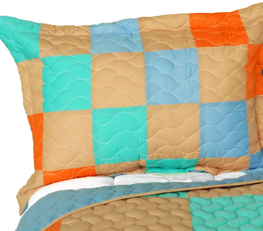 Blue World -  3PC Vermicelli-Quilted Patchwork Quilt Set (Full/Queen Size) Photo 2