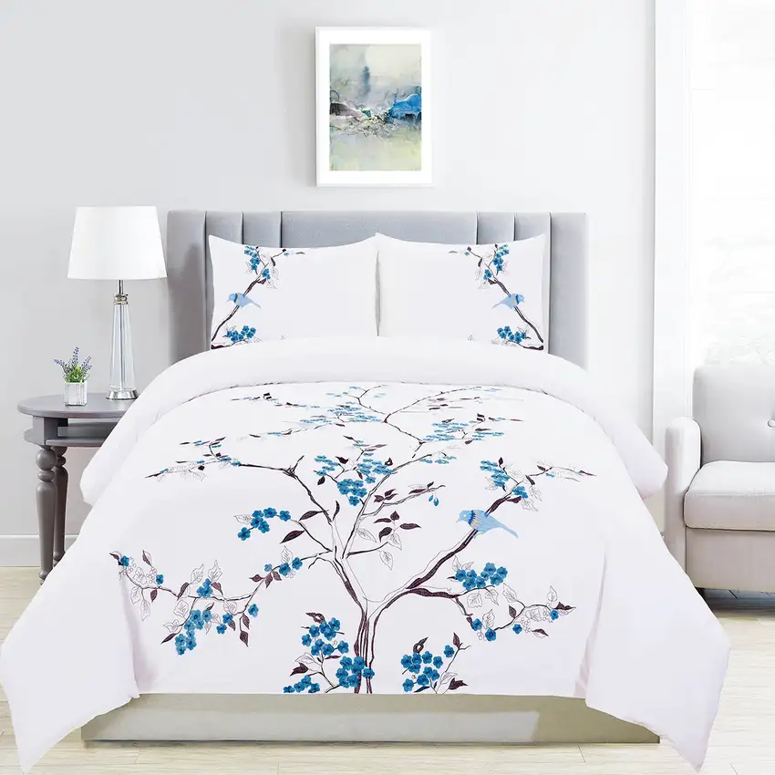 Blue and White King 100% Cotton 200 Thread Count Washable Duvet Cover Set Photo 5