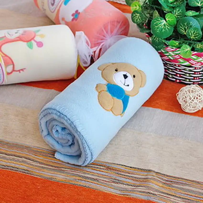 Brown Bear - Blue -  Embroidered Applique Coral Fleece Baby Throw Blanket (29.5 by 39.4 inches) Photo 2
