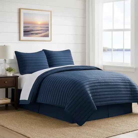 Cabe 3 Piece Queen Comforter Set, Polyester Puffer Channel Quilt, Navy Blue Photo 7