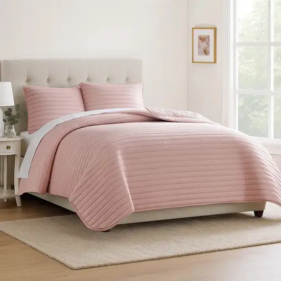 Cabe 3 Piece Queen Comforter Set, Polyester Puffer Channel Quilt, Rose Pink Photo 7