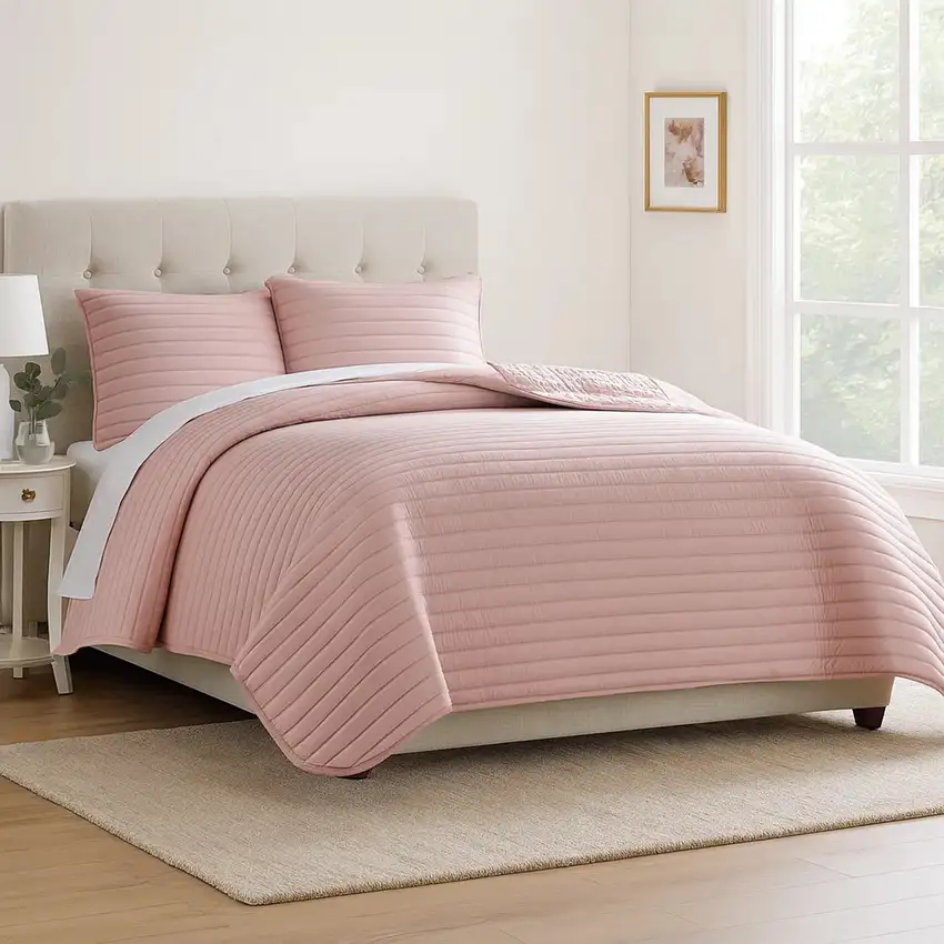 Cabe 3 Piece Queen Comforter Set, Polyester Puffer Channel Quilt, Rose Pink Photo 7