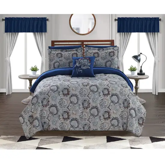 Caen 8 Piece Printed Queen Reversible Comforter Set The Urban Port, Gray and Blue Photo 7