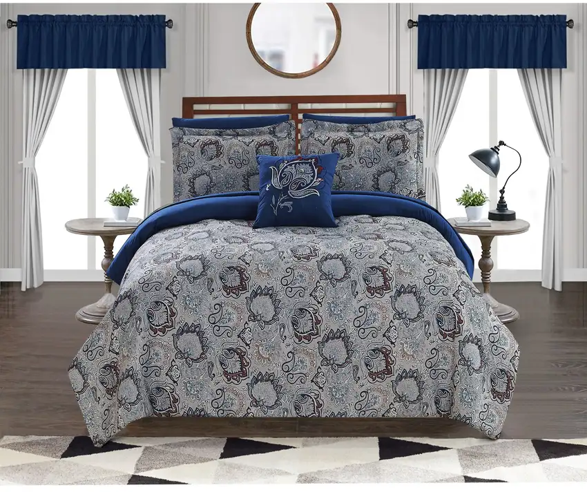 Caen 8 Piece Printed Queen Reversible Comforter Set The Urban Port, Gray and Blue Photo 7