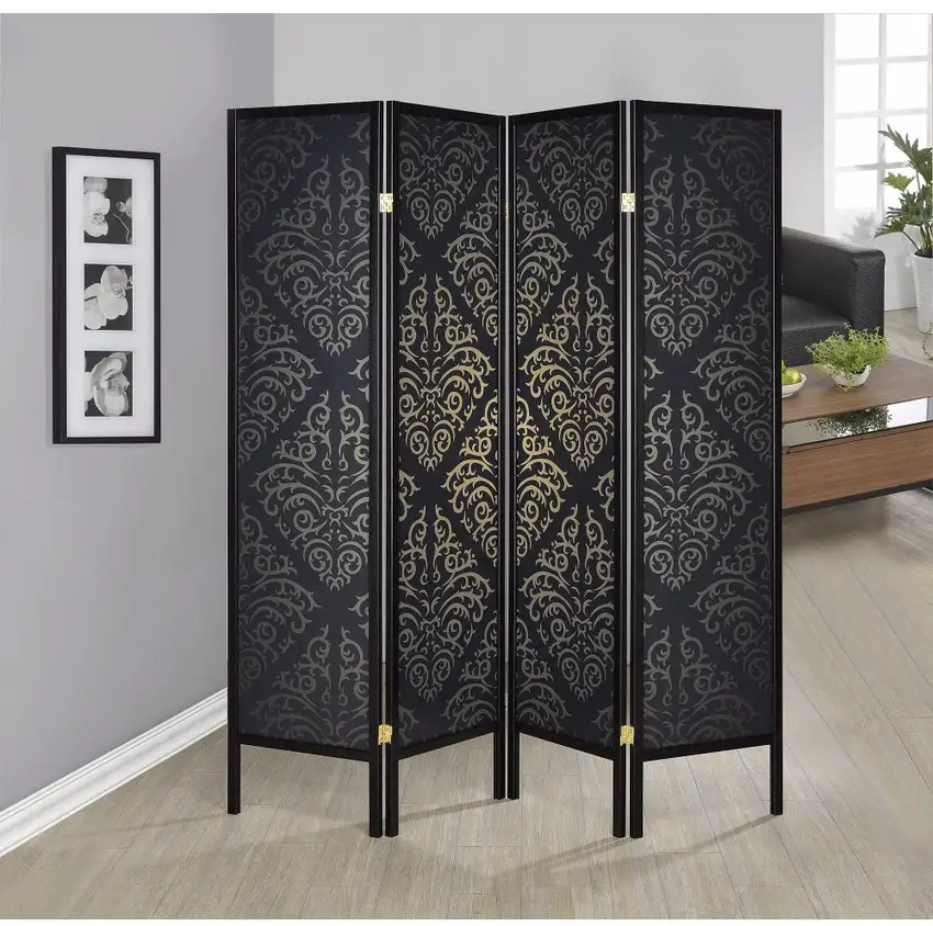 Captivating Four Panel Folding Screen With Damask Print, Black Photo 1