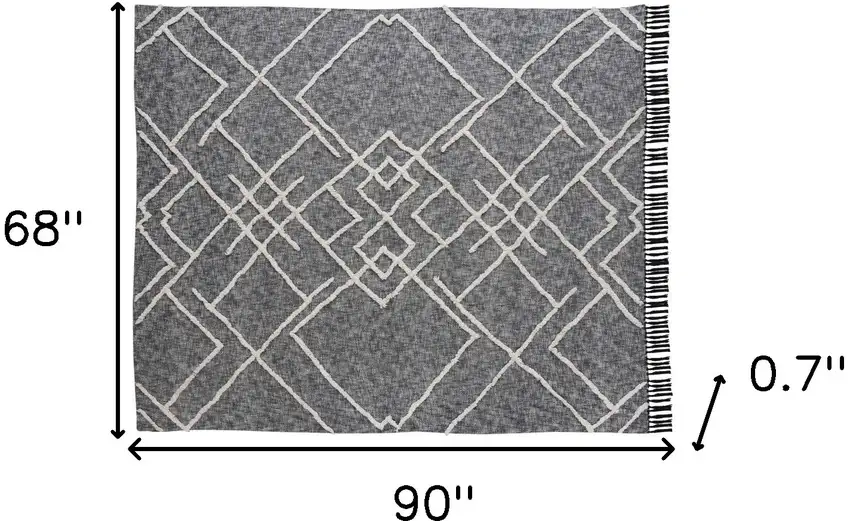 Charcoal and Off White Geometric Twin Cotton Coverlet With Fringe Photo 9
