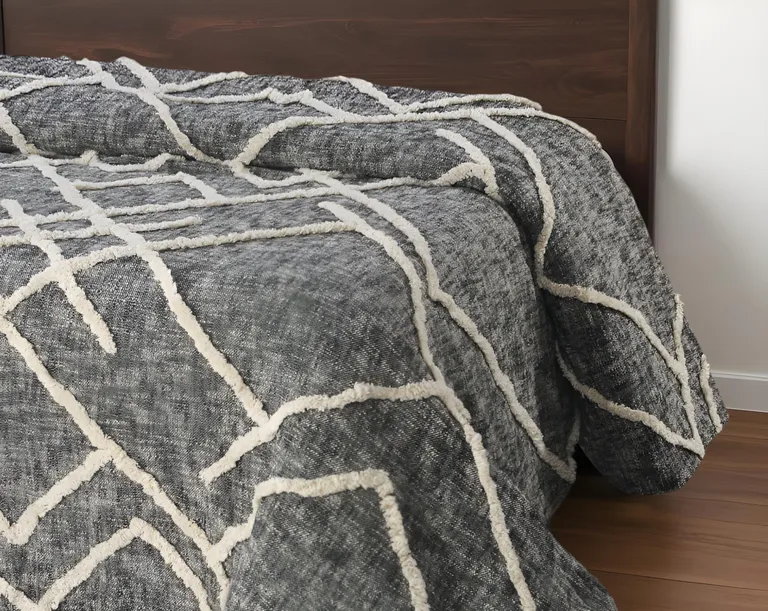Charcoal and Off White Geometric Cotton Coverlet With Fringe Photo 1
