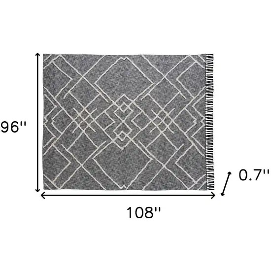 Charcoal and Off White Geometric Queen Cotton Coverlet With Fringe Photo 9