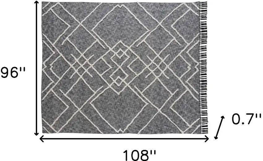 Charcoal and Off White Geometric Queen Cotton Coverlet With Fringe Photo 9