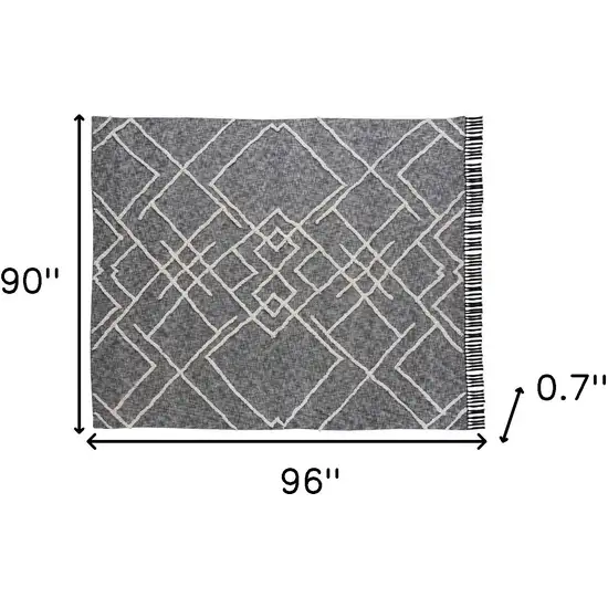 Charcoal and Off White Geometric King Cotton Coverlet With Fringe Photo 9