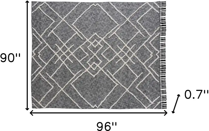 Charcoal and Off White Geometric King Cotton Coverlet With Fringe Photo 9