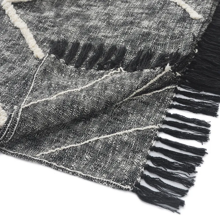 Charcoal and Off White Geometric Cotton Coverlet With Fringe Photo 5