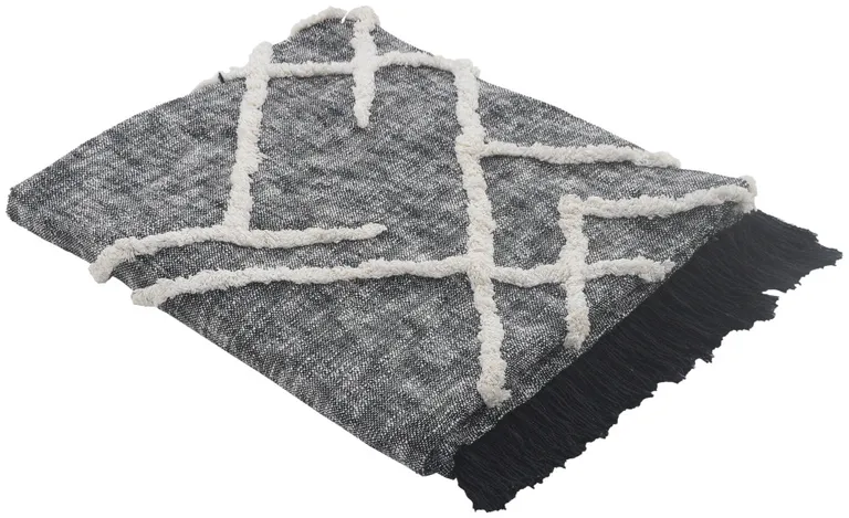 Charcoal and Off White Geometric Cotton Coverlet With Fringe Photo 3