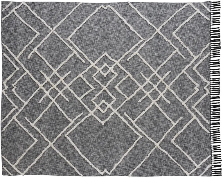 Charcoal and Off White Geometric Cotton Coverlet With Fringe Photo 2