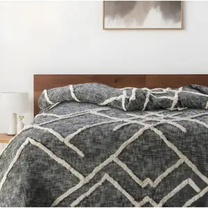 Photo of Charcoal and Off White Geometric Cotton Coverlet With Fringe