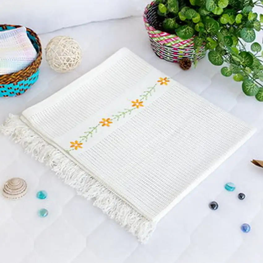 Chrysanthemum - White -  Thermal Cellular Embroidered Throw Blanket (31.5 by 55.1 inches) Photo 2
