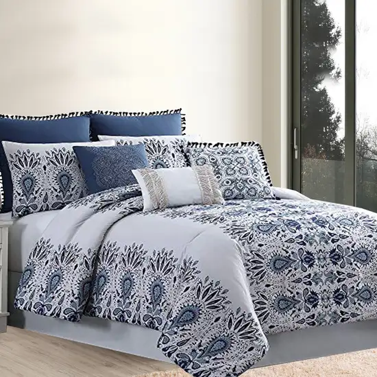 Constan?a 8 Piece King Comforter Set with Floral Print The Urban Port, Blue and White Photo 6