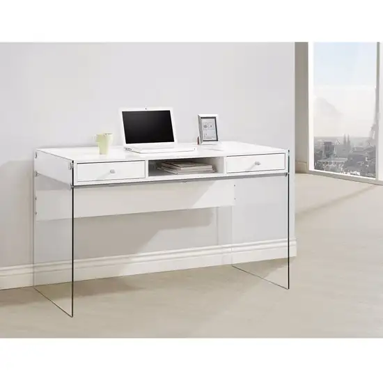 Contemporary Metal Writing Desk with Glass Sides, Clear And White Photo 1