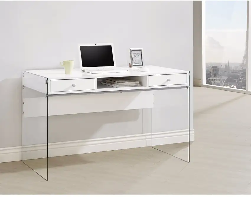 Contemporary Metal Writing Desk with Glass Sides, Clear And White Photo 1