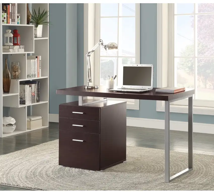 Contemporary Style Office Desk with File Drawer, Brown Photo 1