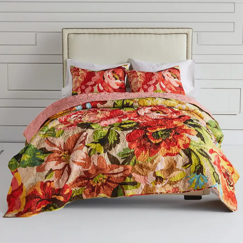 Dahl 3 Piece King Quilt Set, 2 Pillow Shams, Polyester Fill, Multicolor Photo 6