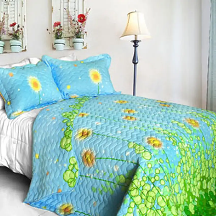 Dandelion Dancing Night -  Cotton 3PC Floral Vermicelli-Quilted Patchwork Quilt Set (Full/Queen Size) Photo 1