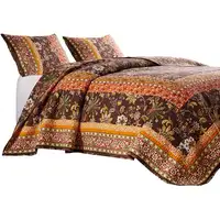 Photo of Dill 3 Piece Full Quilt Set, Bohemian, Jacobean Floral Print, Brown, Orange