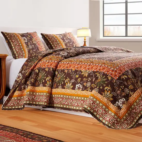 Dill 2 Piece Twin Quilt Set, Bohemian, Jacobean Floral Print, Brown, Orange Photo 7