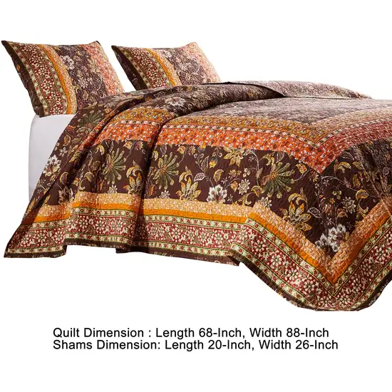 Dill 2 Piece Twin Quilt Set, Bohemian, Jacobean Floral Print, Brown, Orange Photo 6