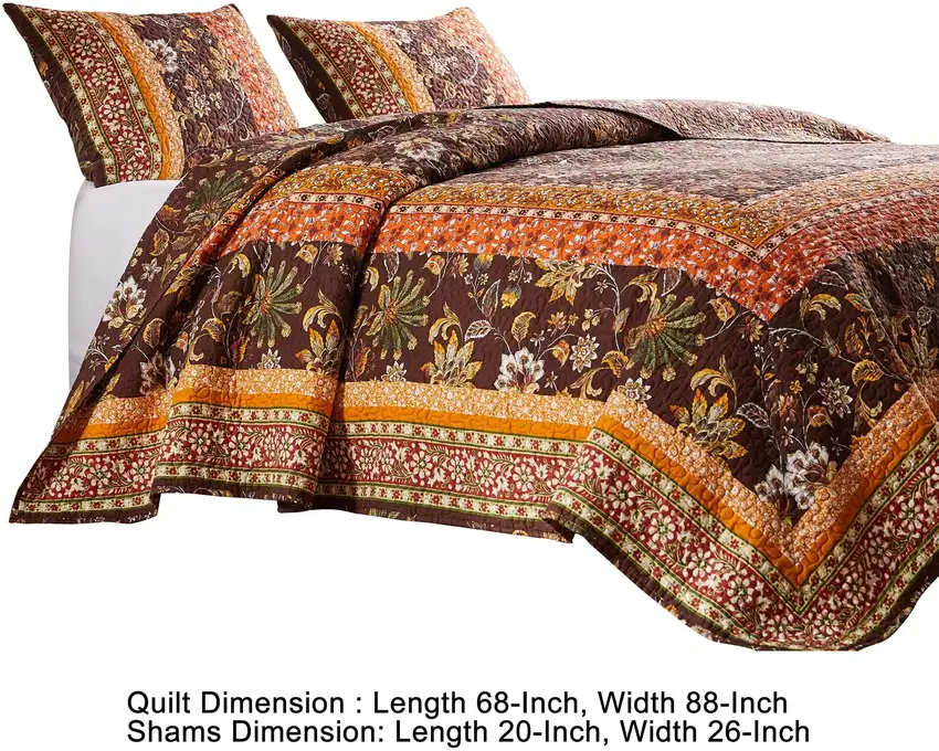 Dill 2 Piece Twin Quilt Set, Bohemian, Jacobean Floral Print, Brown, Orange Photo 6