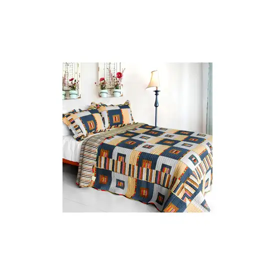 Dim light -  Cotton 3PC Vermicelli-Quilted Plaid Patchwork Quilt Set (Full/Queen Size) Photo 1