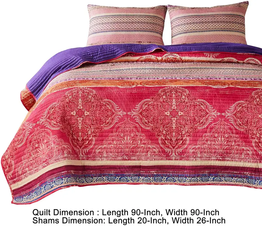 Dora 3 Piece Bohemian Full Quilt Set, Medallion, Paisley, Pink, Blue Photo 6