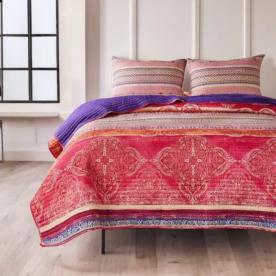 Dora 3 Piece Bohemian Full Quilt Set, Medallion, Paisley, Pink, Blue Photo 7