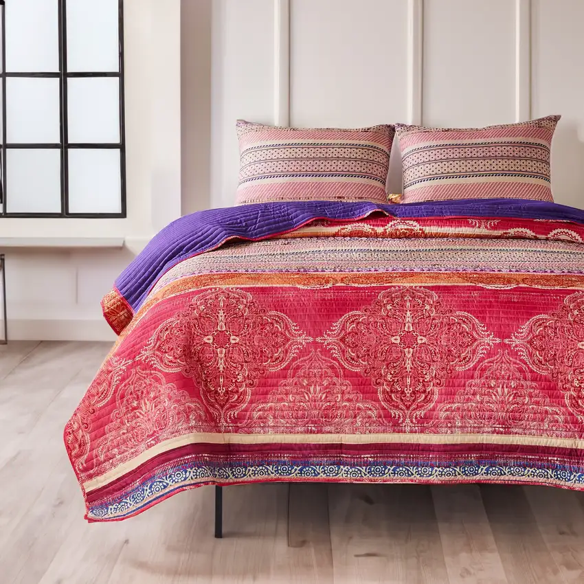 Dora 3 Piece Bohemian Full Quilt Set, Medallion, Paisley, Pink, Blue Photo 7