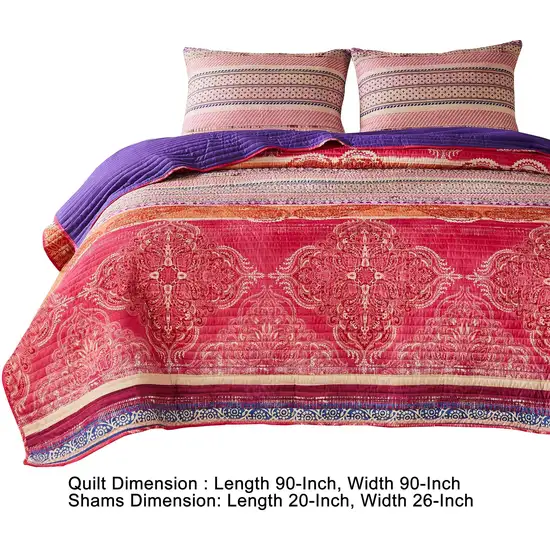 Dora 3 Piece Bohemian Full Quilt Set, Medallion, Paisley, Pink, Blue Photo 6